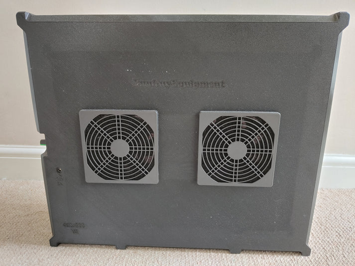 The back of an extra-large laminar flow hood featuring dual ventilation fans, a durable black casing, and a power switch.