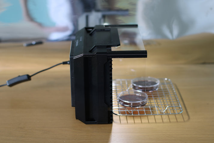 Side view of the small laminar flow hood with the acrylic shield extended, providing a clean airflow space over a stainless steel rack with two Petri dishes.